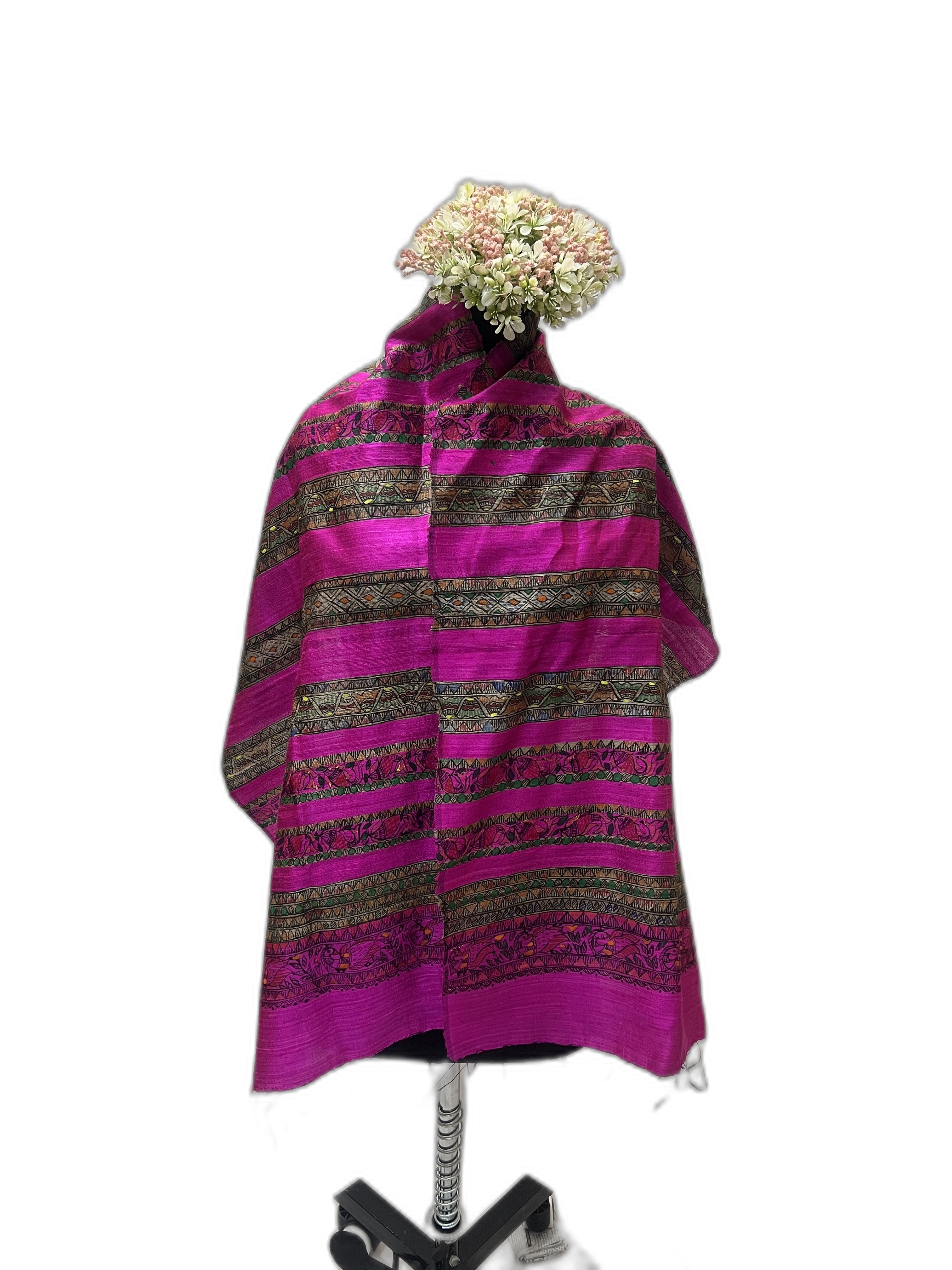 Madhubani Dupion Silk Stole in Hot Pink with Ghicha Stripes